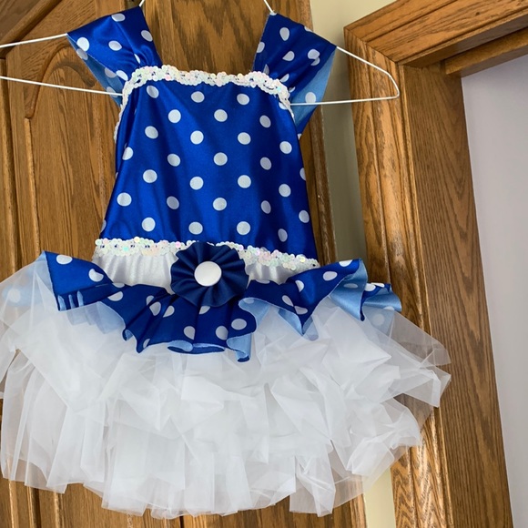 EUC ROYAL BLUE AND WHITE POLKA DOT SATIN AND TULLE BALLERINA DANCE COSTUME 6C - Picture 1 of 11